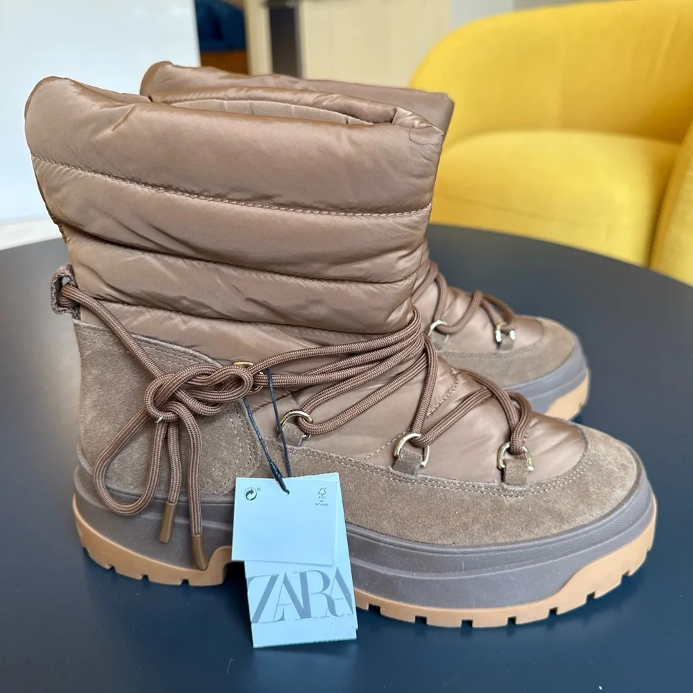 ZARA Viral Puffer Ankle Boots Brown Suede Nylon Winter Lace Up Chunky Sole NWT 9